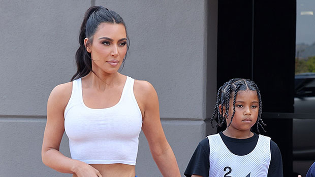 Kim Kardashian Rocks Crop Tank Most sensible With Son Saint Whilst Attending Basketball Sport: Pictures
